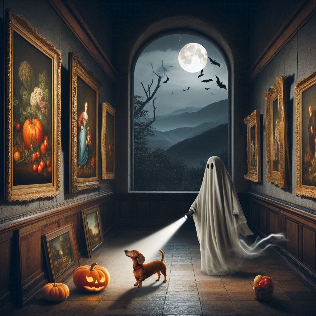 red dachshund, Schatze and ghost guide/docent in art gallery